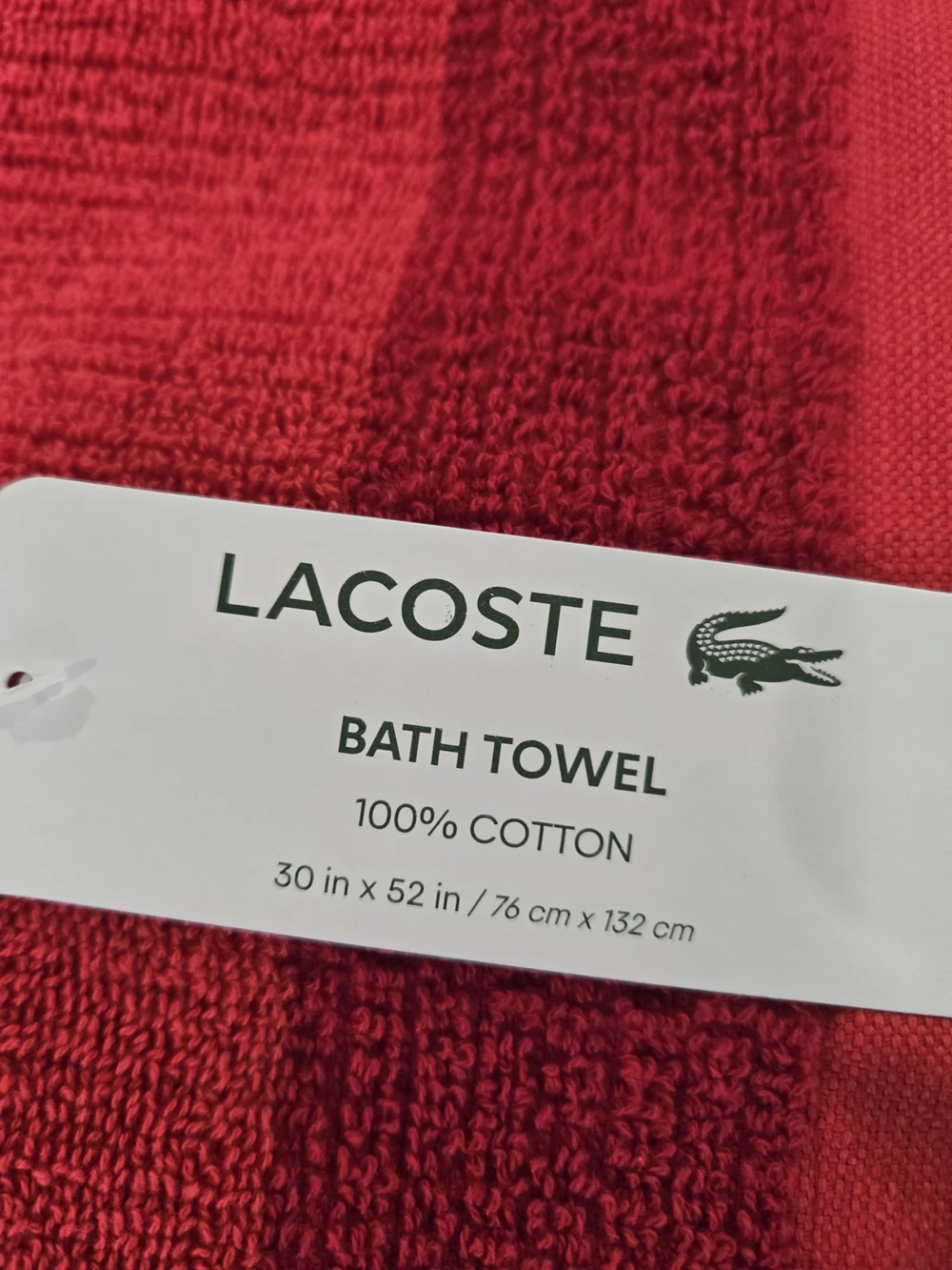 Lacoste Red Cotton Bath Towel - Embroidered Crocodile Logo